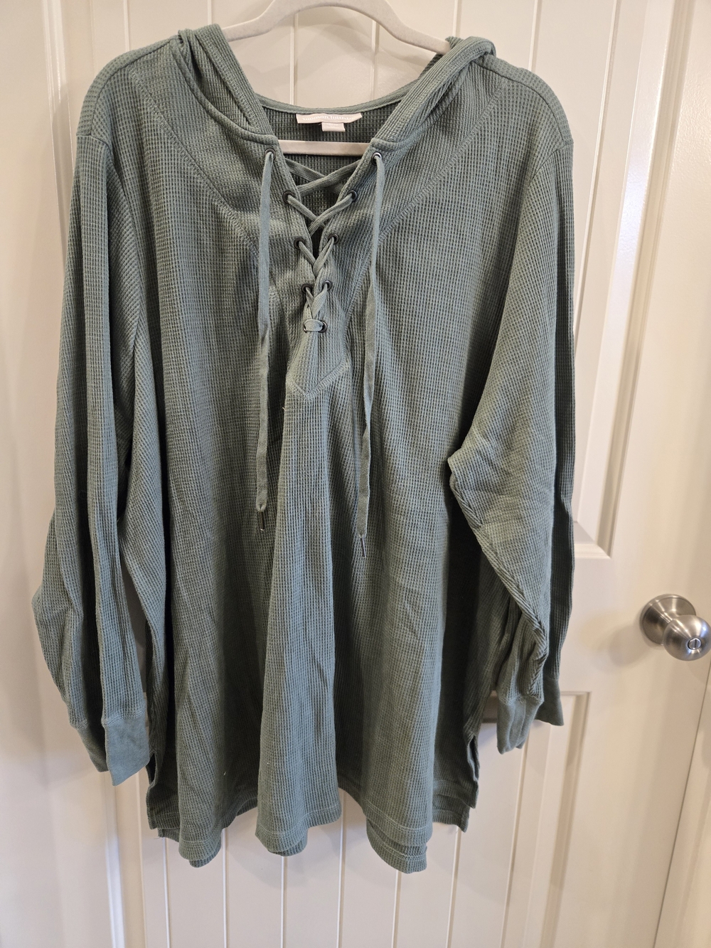 Woman Within Lace-Up Waffle Hoodie in Sage Size 3x